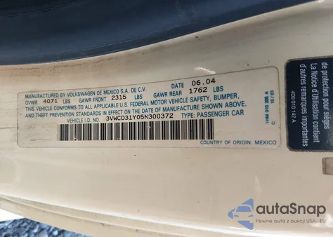 2005 Volkswagen New Beetle Gls 1.8T из США, поврежденный, VIN 3VWCD31Y05M300372